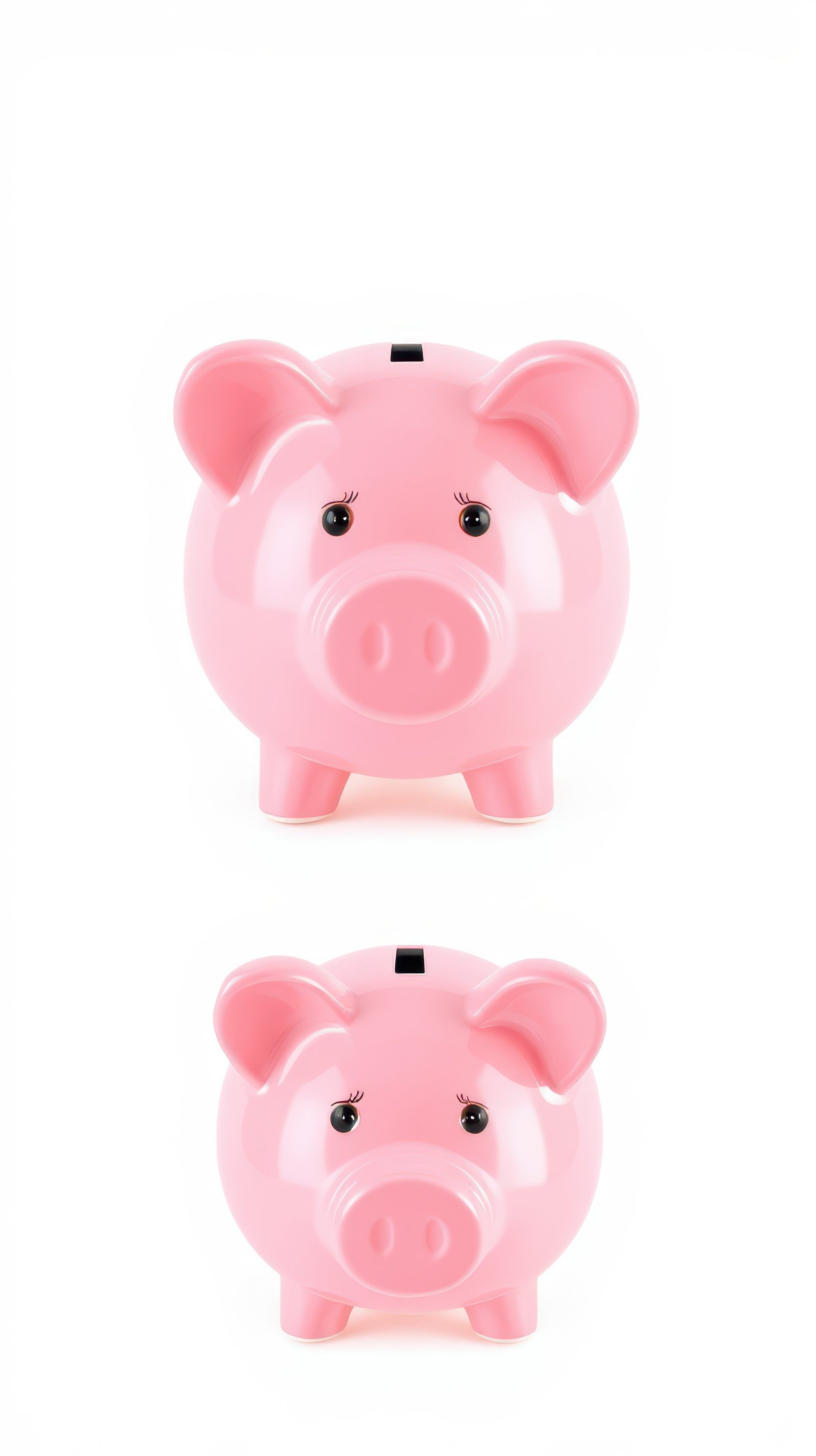 Two cheerful pink piggy banks positioned one above the other on a plain white background, ideal for saving money